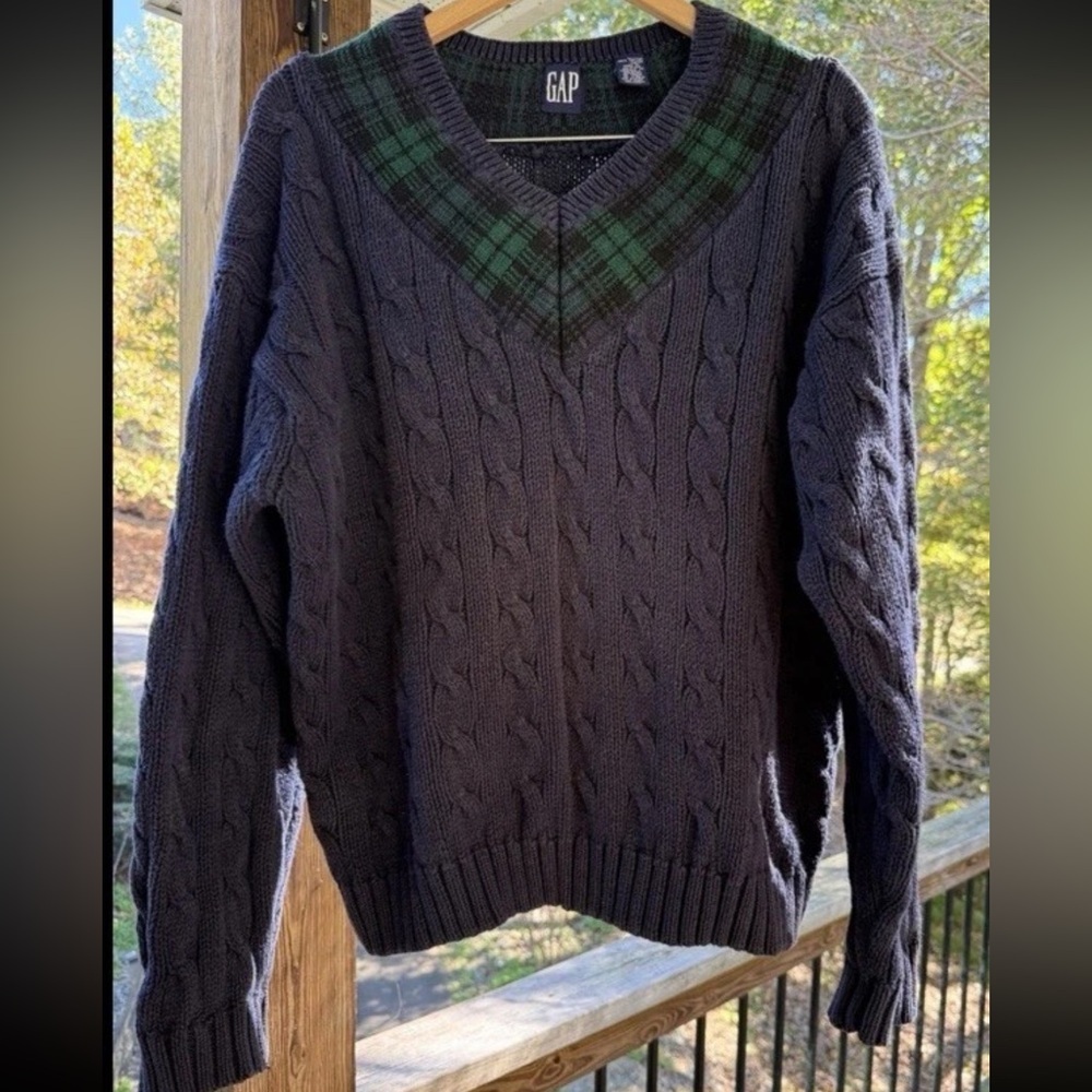 VTG 100% Cotton GAP Men's Cable Knit Blue Sweater Green Plaid Preppy JFK Jr. - Picture 2 of 6